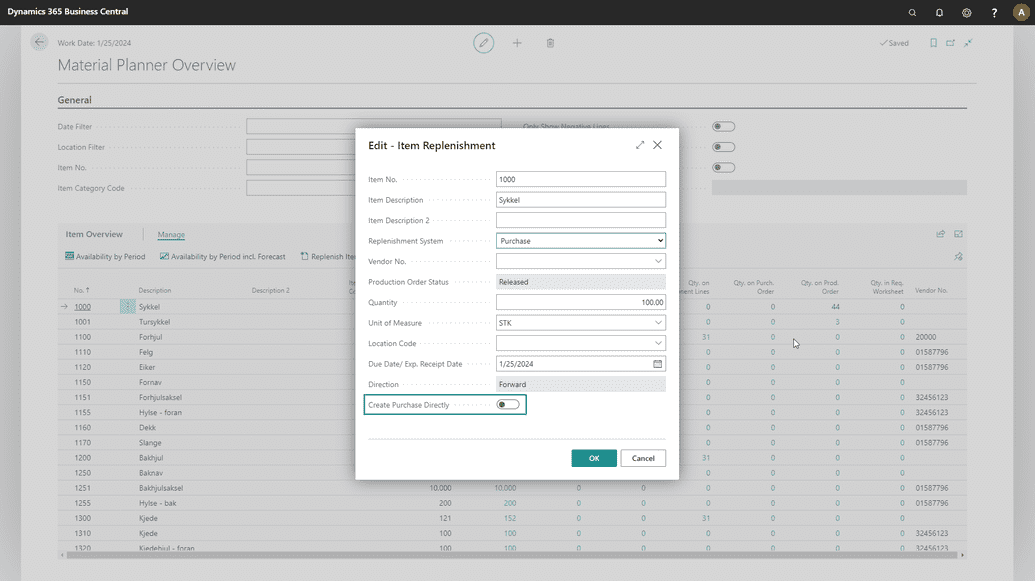 A screenshot of the Replenishment dialog showing the field Create Purchase Directly