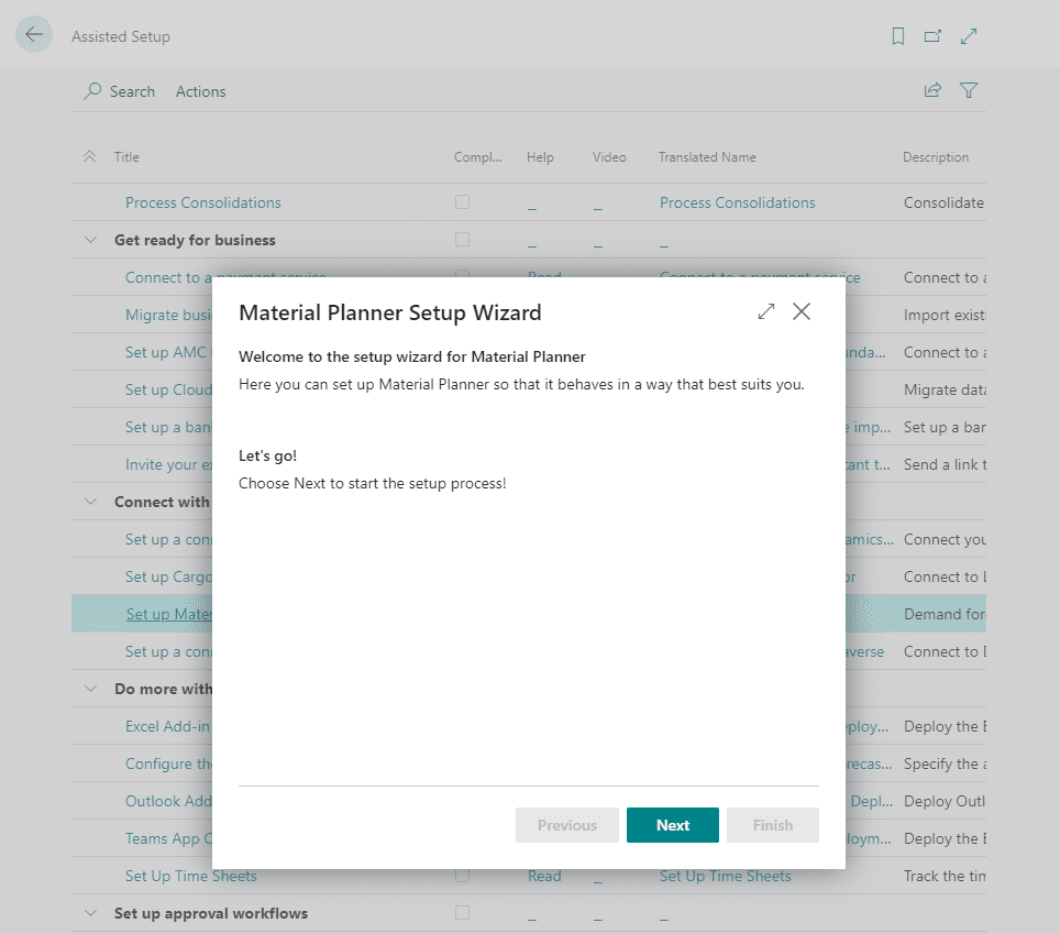 A screenshot showing the Material Planner Assisted Setup