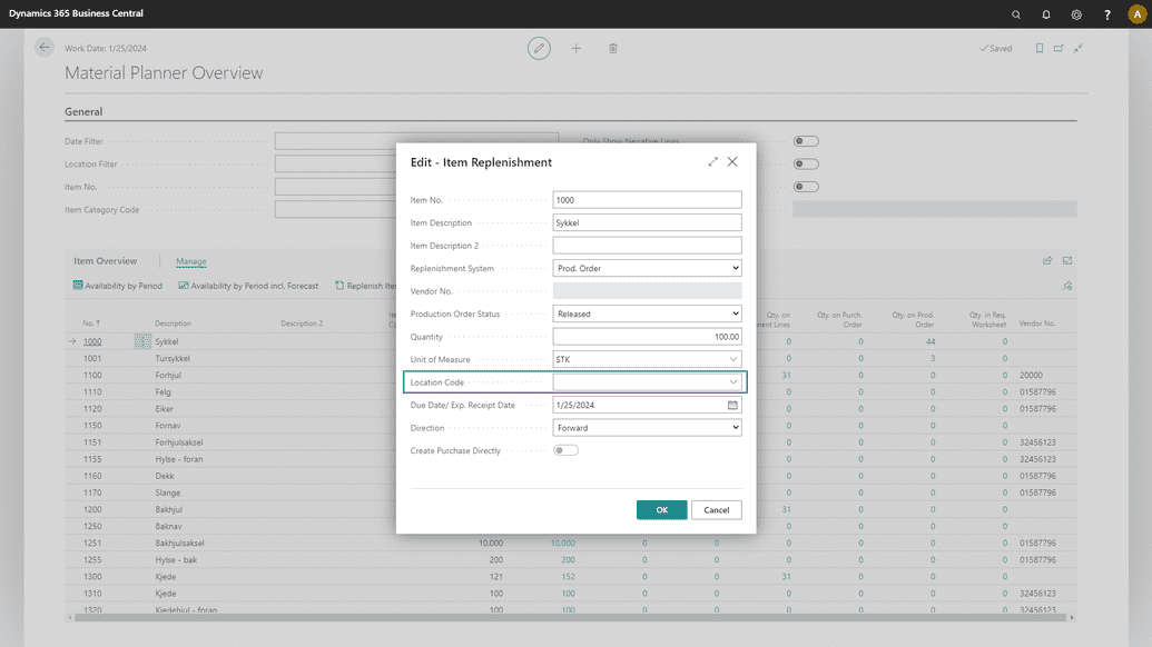 A screenshot of the Replenishment dialog showing the Location Code