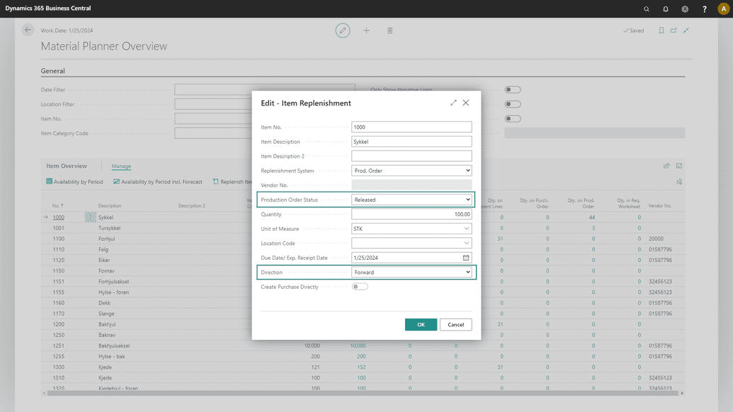 A screenshot of the Replenishment dialog showing the fields Status and Direction